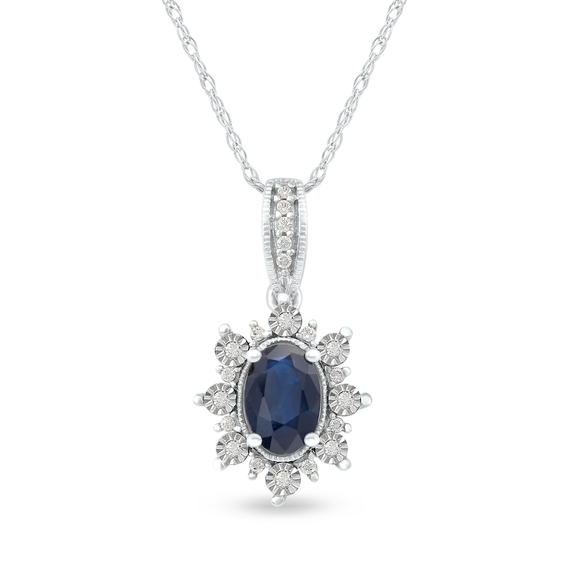 Oval Blue Sapphire and 0.08 CT. T.W. Diamond Sunburst Frame Vintage-Style Drop Pendant in 10K White Gold|Peoples Jewellers