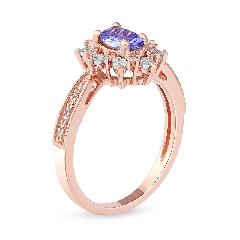 Oval Tanzanite and 0.10 CT. T.W. Diamond Sunburst Frame Vintage-Style Tapered Shank Ring in 10K Rose Gold