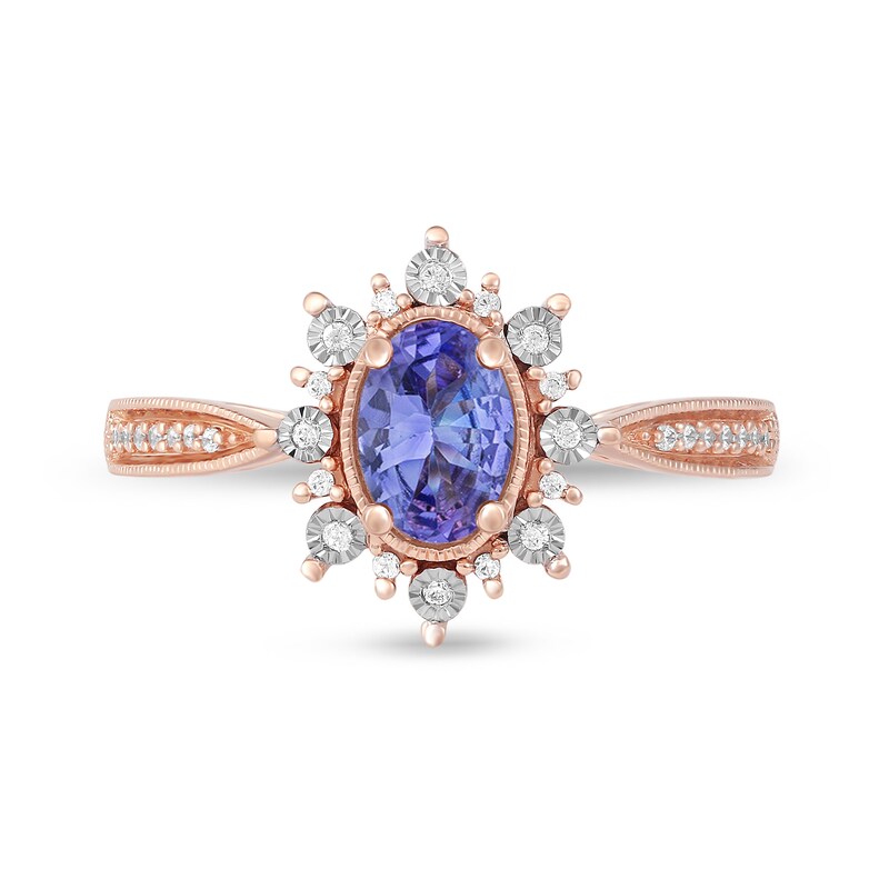 Oval Tanzanite and 0.10 CT. T.W. Diamond Sunburst Frame Vintage-Style Tapered Shank Ring in 10K Rose Gold