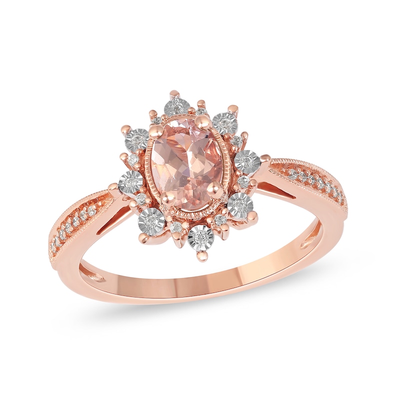 Oval Morganite and 0.10 CT. T.W. Diamond Sunburst Frame Vintage-Style Tapered Shank Ring in 10K Rose Gold