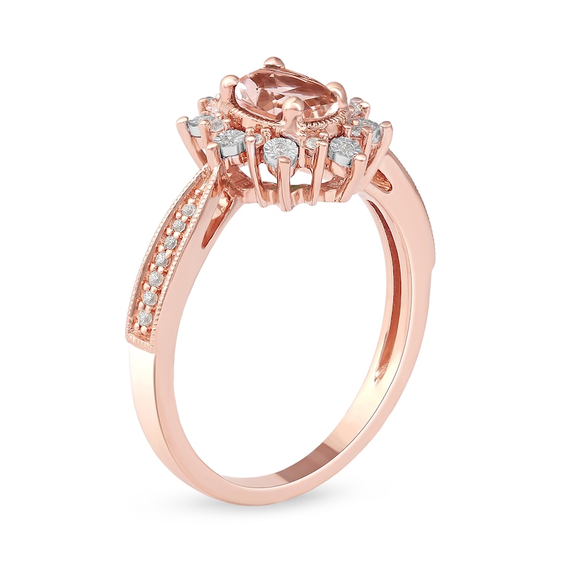 Oval Morganite and 0.10 CT. T.W. Diamond Sunburst Frame Vintage-Style Tapered Shank Ring in 10K Rose Gold