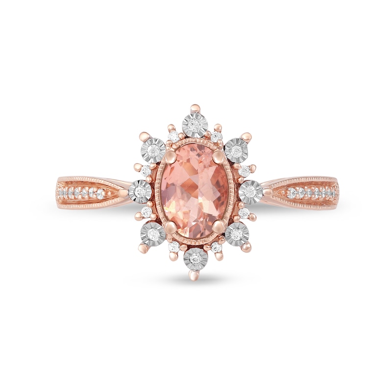Oval Morganite and 0.10 CT. T.W. Diamond Sunburst Frame Vintage-Style Tapered Shank Ring in 10K Rose Gold