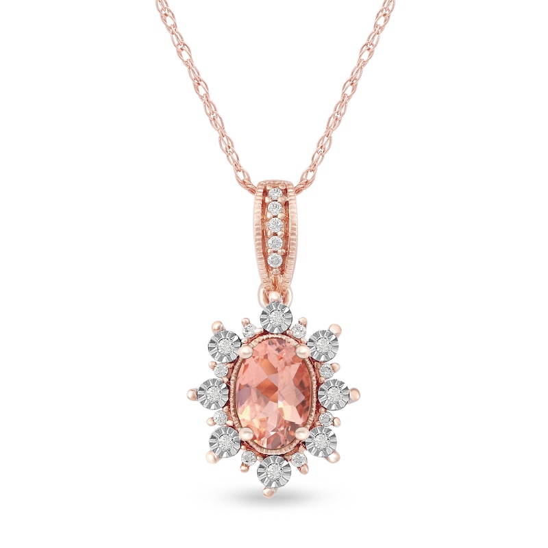 Oval Morganite and 0.08 CT. T.W. Diamond Sunburst Frame Vintage-Style Drop Pendant in 10K Rose Gold