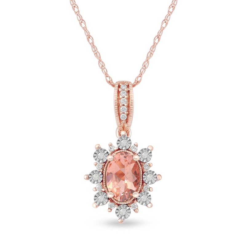 Oval Morganite and 0.08 CT. T.W. Diamond Sunburst Frame Vintage-Style Drop Pendant in 10K Rose Gold|Peoples Jewellers