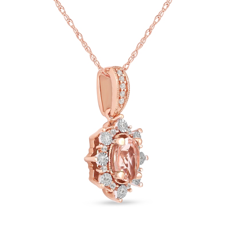 Main Image 2 of Oval Morganite and 0.08 CT. T.W. Diamond Sunburst Frame Vintage-Style Drop Pendant in 10K Rose Gold