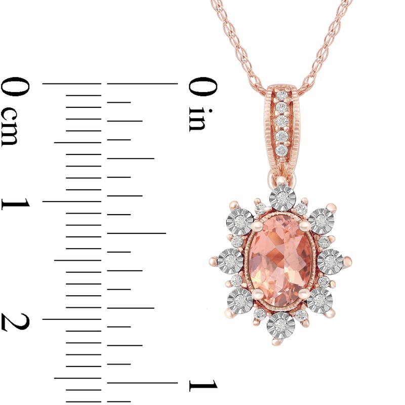 Main Image 4 of Oval Morganite and 0.08 CT. T.W. Diamond Sunburst Frame Vintage-Style Drop Pendant in 10K Rose Gold