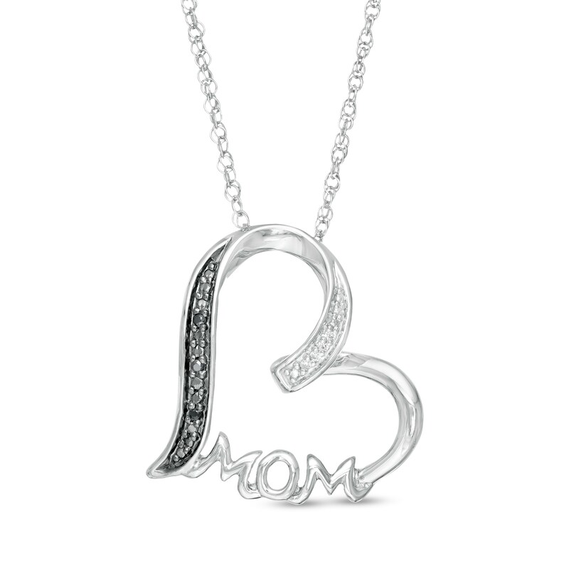 Main Image 1 of Enhanced Black and White Diamond Accent "MOM" Heart Pendant in Sterling Silver
