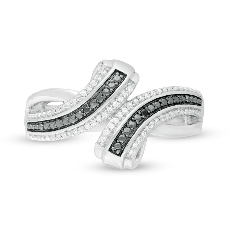 Main Image 4 of 0.07 CT. T.W. Enhanced Black and White Diamond Crossover Multi-Row Ring in Sterling Silver - Size 7