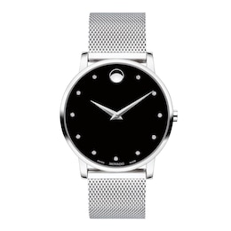 Men's Movado Museum® Classic Diamond Accent Silver-Tone Mesh Watch with Black Dial (Model: 607511)