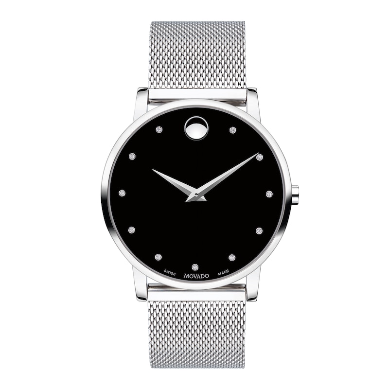 Men's Movado Museum® Classic Diamond Accent Silver-Tone Mesh Watch with Black Dial (Model: 607511)|Peoples Jewellers