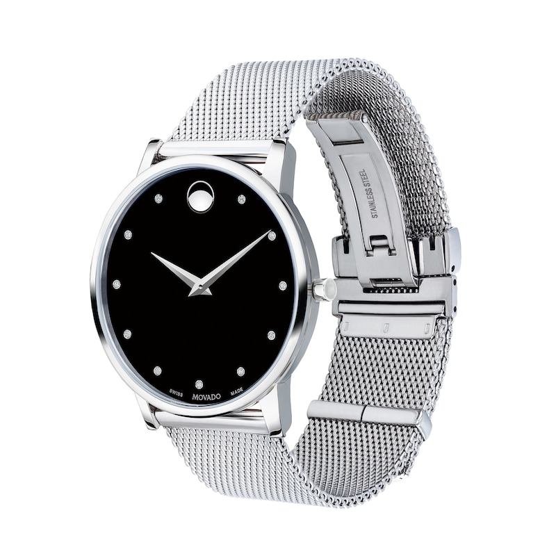 Men's Movado Museum® Classic Diamond Accent Silver-Tone Mesh Watch with Black Dial (Model: 607511)