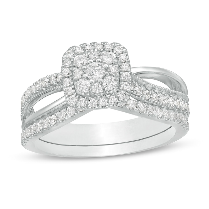 Main Image 1 of 0.63 CT. T.W. Composite Diamond Cushion Frame Split Shank Bridal Set in 10K White Gold