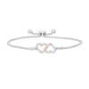Thumbnail Image 0 of 0.10 CT. T.W. Diamond Double Heart Loop Bolo Bracelet in Sterling Silver and 10K Rose Gold - 9.50"