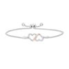 Thumbnail Image 1 of 0.10 CT. T.W. Diamond Double Heart Loop Bolo Bracelet in Sterling Silver and 10K Rose Gold - 9.50"