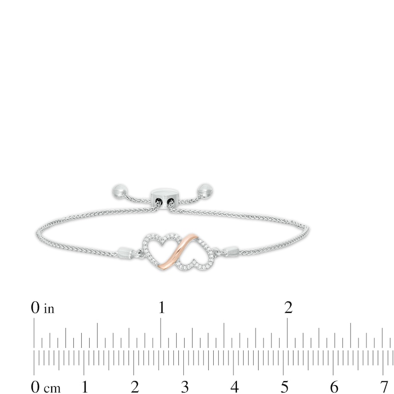 Main Image 3 of 0.10 CT. T.W. Diamond Double Heart Loop Bolo Bracelet in Sterling Silver and 10K Rose Gold - 9.50"