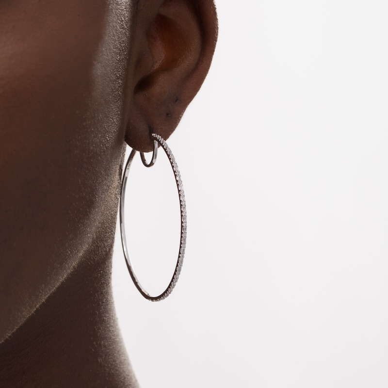 Main Image 2 of 0.51 CT. T.W. Baguette and Round Diamond Alternating Hoop Earrings in 10K White Gold