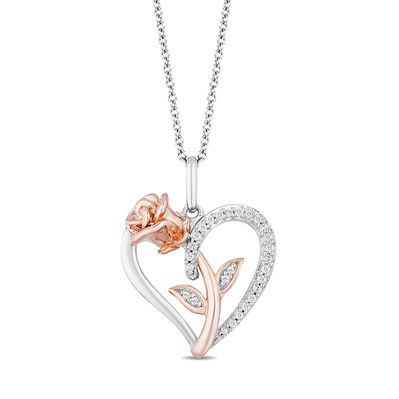 Enchanted Disney Belle 0.085 CT. T.W. Diamond Rose and Heart Pendant in Sterling Silver and 10K Rose Gold - 19"