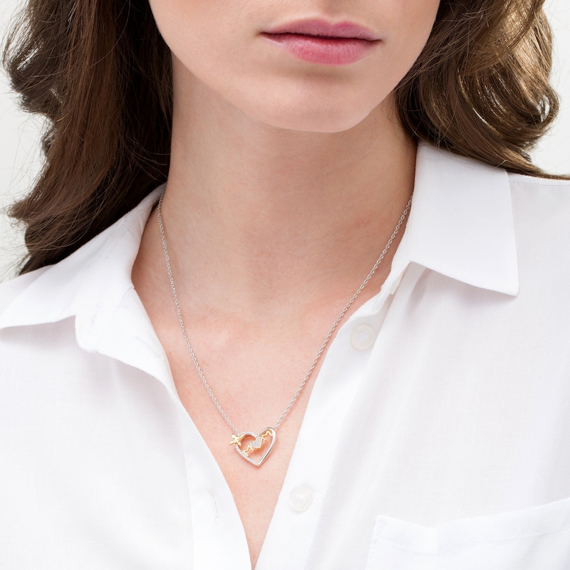 Main Image 2 of 0.04 CT. T.W. Diamond Butterfly and "mom" Heart Necklace in Sterling Silver and 10K Gold