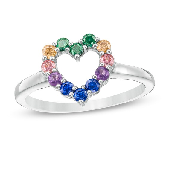 Simulated Multi-Colour Sapphire Heart Outline Ring in Sterling Silver