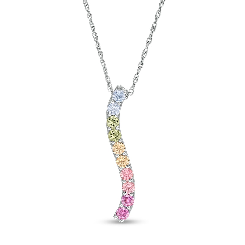 Simulated Light Multi-Colour Sapphire Duos Linear Wave Bar Pendant in Sterling Silver