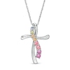 Thumbnail Image 1 of Simulated Light Multi-Colour Sapphire Ribbon Swirl Cross Pendant in Sterling Silver