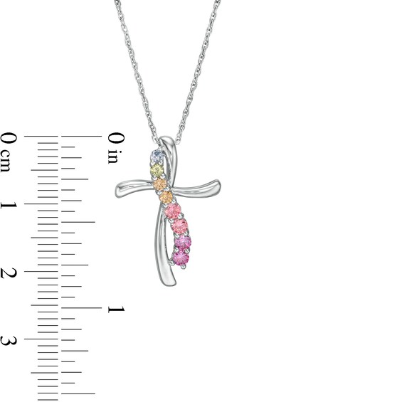 Simulated Light Multi-Colour Sapphire Ribbon Swirl Cross Pendant in Sterling Silver