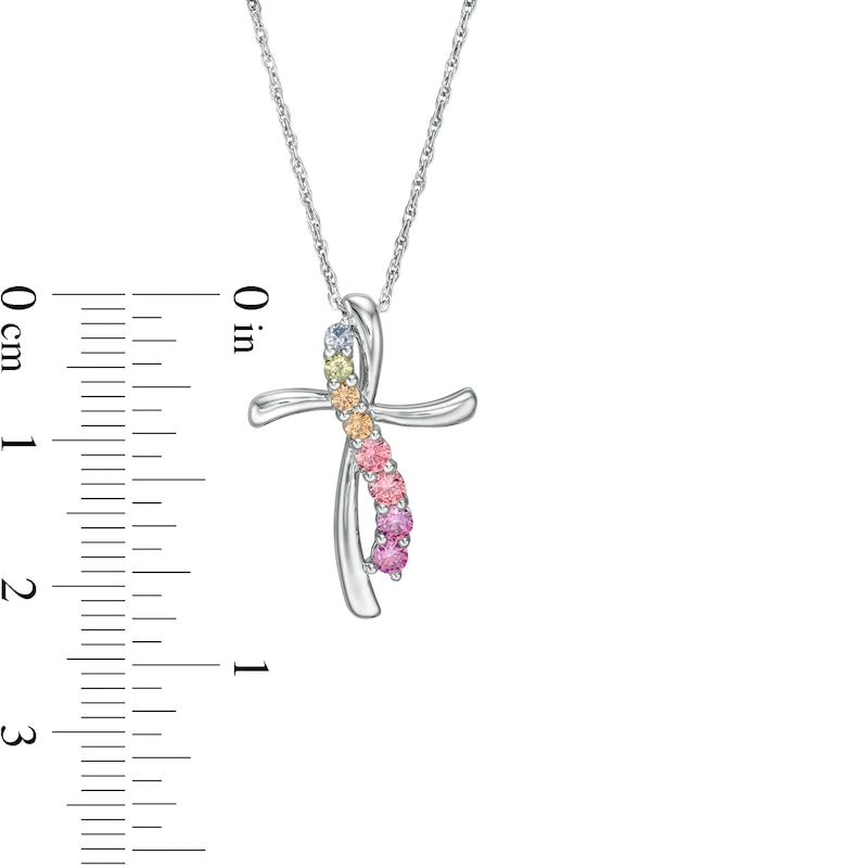 Simulated Light Multi-Colour Sapphire Ribbon Swirl Cross Pendant in Sterling Silver