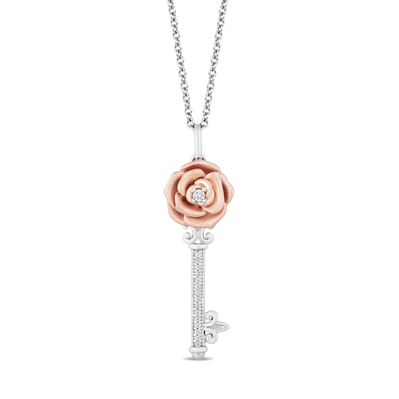 Enchanted Disney Belle 0.085 CT. T.W. Diamond Rose-Top Key Pendant in Sterling Silver and 10K Rose Gold - 19"|Peoples Jewellers