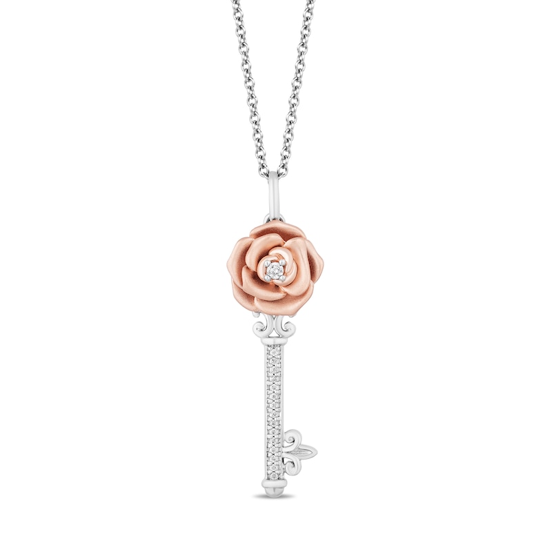 Enchanted Disney Belle 0.085 CT. T.W. Diamond Rose-Top Key Pendant in Sterling Silver and 10K Rose Gold - 19"