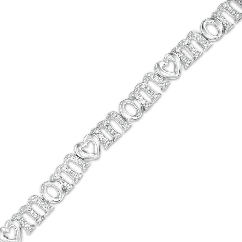 Main Image 1 of 0.10 CT. T.W. Diamond Alternating Heart and "mom" Bracelet in Sterling Silver - 7.5"