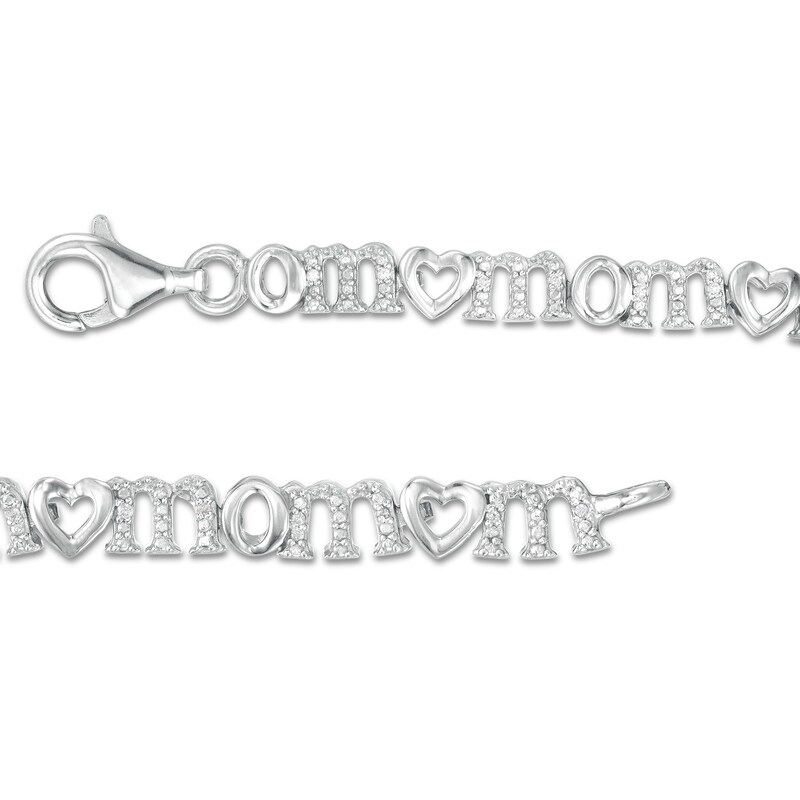 Main Image 3 of 0.10 CT. T.W. Diamond Alternating Heart and "mom" Bracelet in Sterling Silver - 7.5"