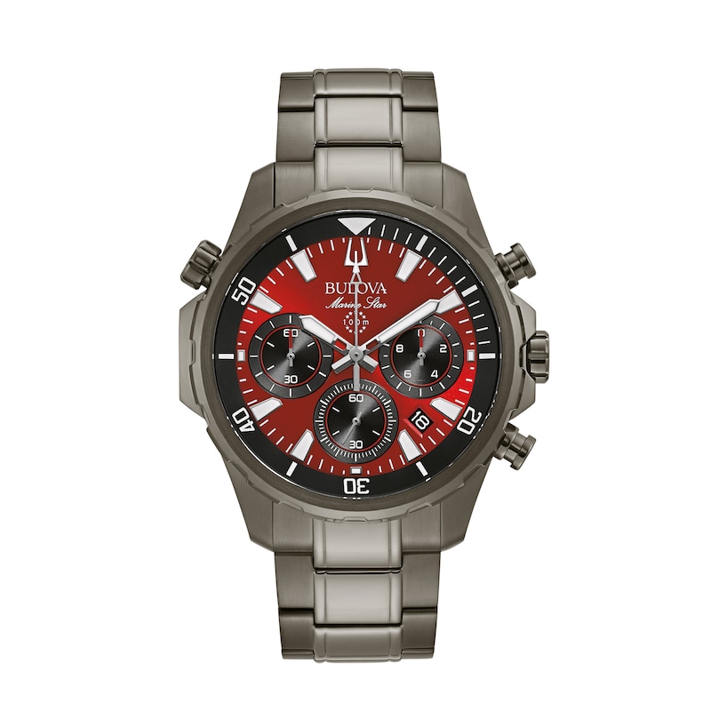 Men's Bulova Marine Star Chronograph Grey IP Watch with Red Dial (Model: 98B350)