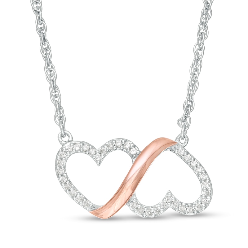 Main Image 1 of 0.10 CT. T.W. Diamond Double Heart Infinity Loop Necklace in Sterling Silver and 10K Rose Gold