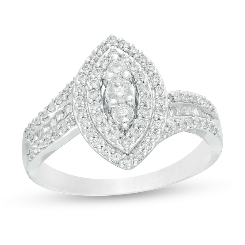 Main Image 1 of 0.62 CT. T.W. Diamond Double Marquise Frame Multi-Row Ring in 10K White Gold