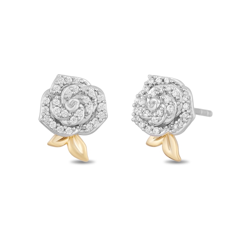 Enchanted Disney Belle 0.18 CT. T.W. Diamond Rose Stud Earrings in Sterling Silver and 10K Gold
