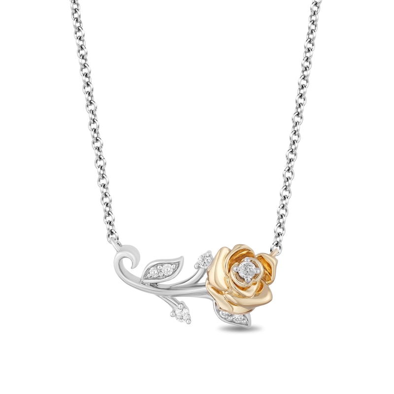 Enchanted Disney Belle 0.085 CT. T.W. Diamond Rose Bar Necklace in Sterling Silver and 10K Gold