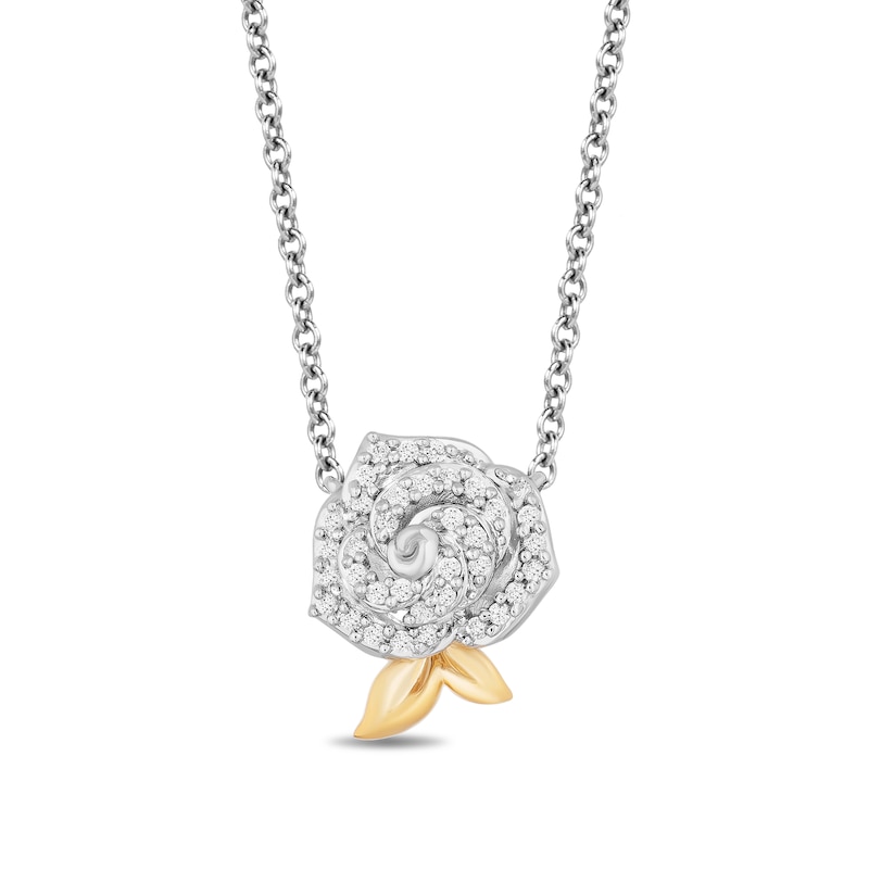 Enchanted Disney Belle 0.145 CT. T.W. Diamond Rose Necklace in Sterling Silver and 10K Gold