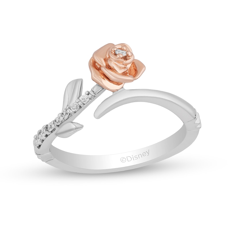 Main Image 1 of Enchanted Disney Belle 0.085 CT. T.W. Diamond Rose Bypass Ring in Sterling Silver and 10K Rose Gold