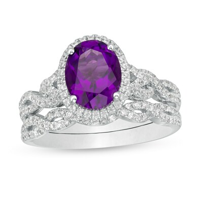 Oval Amethyst and 0.52 CT. T.W. Diamond Frame Twist Shank Bridal Set in 14K White Gold
