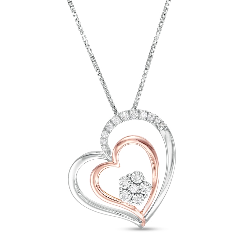 0.09 CT. T.W. Composite Diamond Double Tilted Heart Pendant in Sterling Silver with 10K Rose Gold Plate