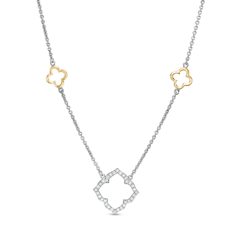 0.12 CT. T.W. Diamond Clover Station Necklace in Sterling Silver with 14K Gold Plate|Peoples Jewellers