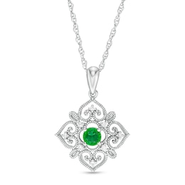 4.0mm Lab-Created Emerald and 0.04 CT. T.W. Diamond Filigree Heart Scroll Vintage-Style Kite Pendant in Sterling Silver