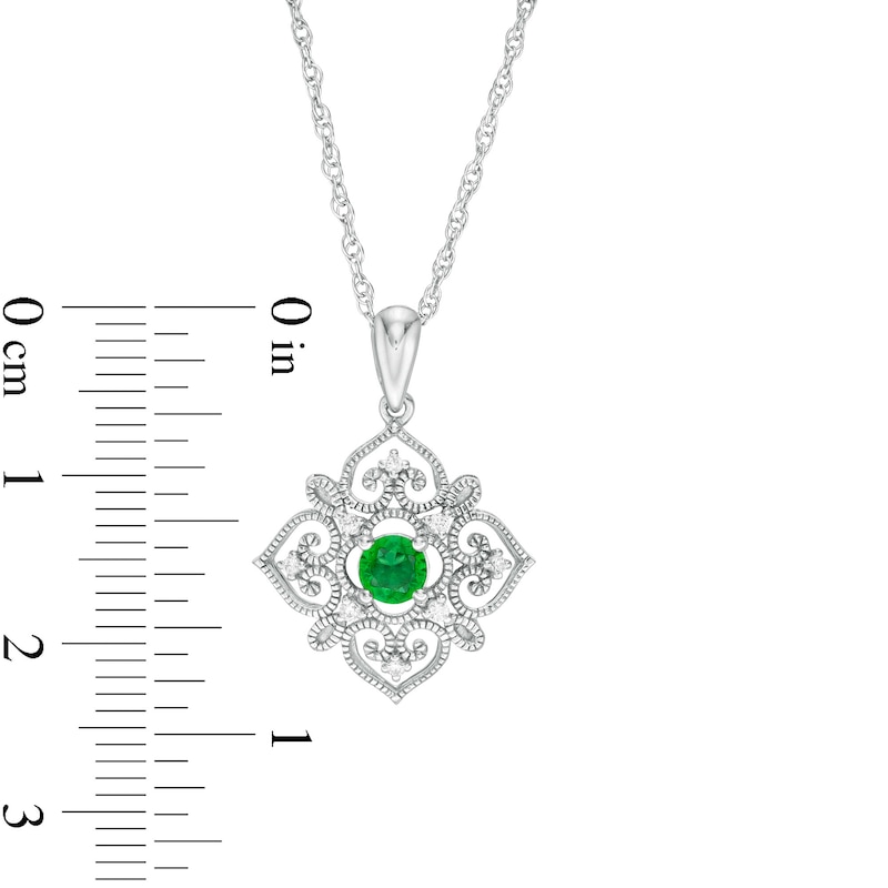 Main Image 3 of 4.0mm Lab-Created Emerald and 0.04 CT. T.W. Diamond Filigree Heart Scroll Vintage-Style Kite Pendant in Sterling Silver