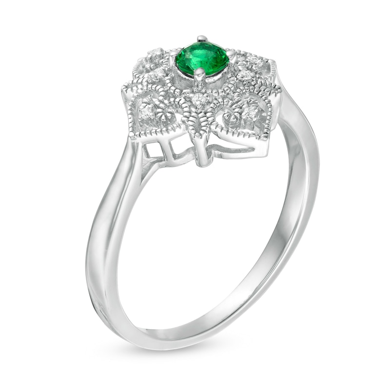 Main Image 3 of 3.5mm Lab-Created Emerald and Diamond Accent Filigree Heart Vintage-Style Kite Ring in Sterling Silver