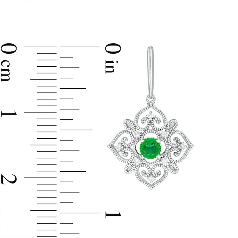 Main Image 3 of 3.5mm Lab-Created Emerald and 0.04 CT. T.W. Diamond Filigree Heart Vintage-Style Kite Drop Earrings in Sterling Silver