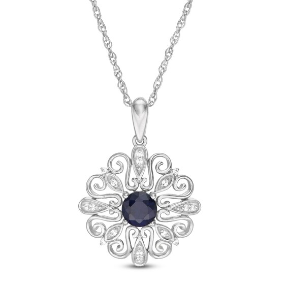 5.0mm Lab-Created Blue Sapphire and 0.04 CT. T.W. Diamond Filigree Scroll Frame Pendant in Sterling Silver