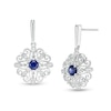 Thumbnail Image 0 of 4.0mm Lab-Created Blue Sapphire and 0.04 CT. T.W. Diamond Filigree Scroll Frame Drop Earrings in Sterling Silver