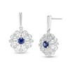 Thumbnail Image 1 of 4.0mm Lab-Created Blue Sapphire and 0.04 CT. T.W. Diamond Filigree Scroll Frame Drop Earrings in Sterling Silver