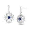 Thumbnail Image 0 of 4.0mm Lab-Created Blue Sapphire and 0.04 CT. T.W. Diamond Filigree Scroll Frame Drop Earrings in Sterling Silver