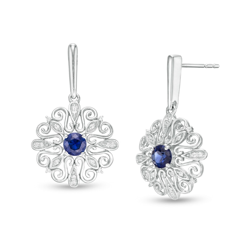 4.0mm Lab-Created Blue Sapphire and 0.04 CT. T.W. Diamond Filigree Scroll Frame Drop Earrings in Sterling Silver
